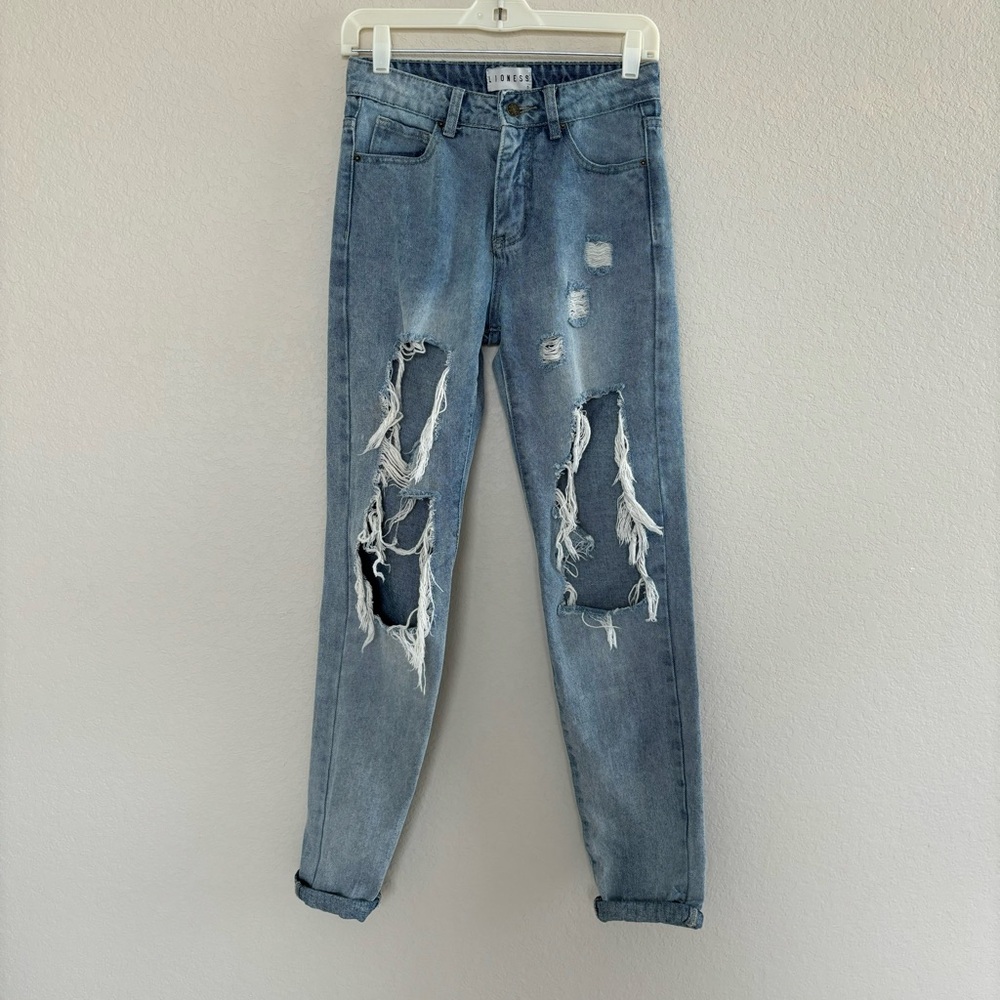Princess Polly Lioness Blue Ripped Soft 100% Cotton Denim Boyfriend Jeans Sz S